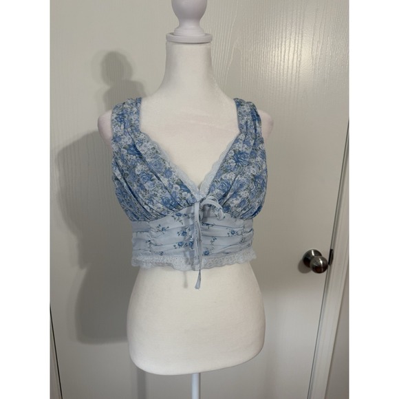Altar'd State Tops - Women's Sleeveless Blue Floral Lace Cottagecore Milkmaid Crop Top Large